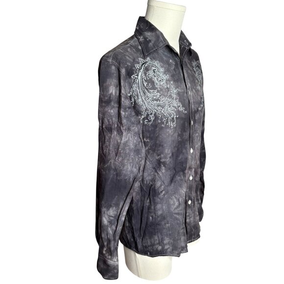 Vintage Y2K Button Up Long Sleeve Shirt S Gray Black Cotton Affliction Style - Picture 5 of 6